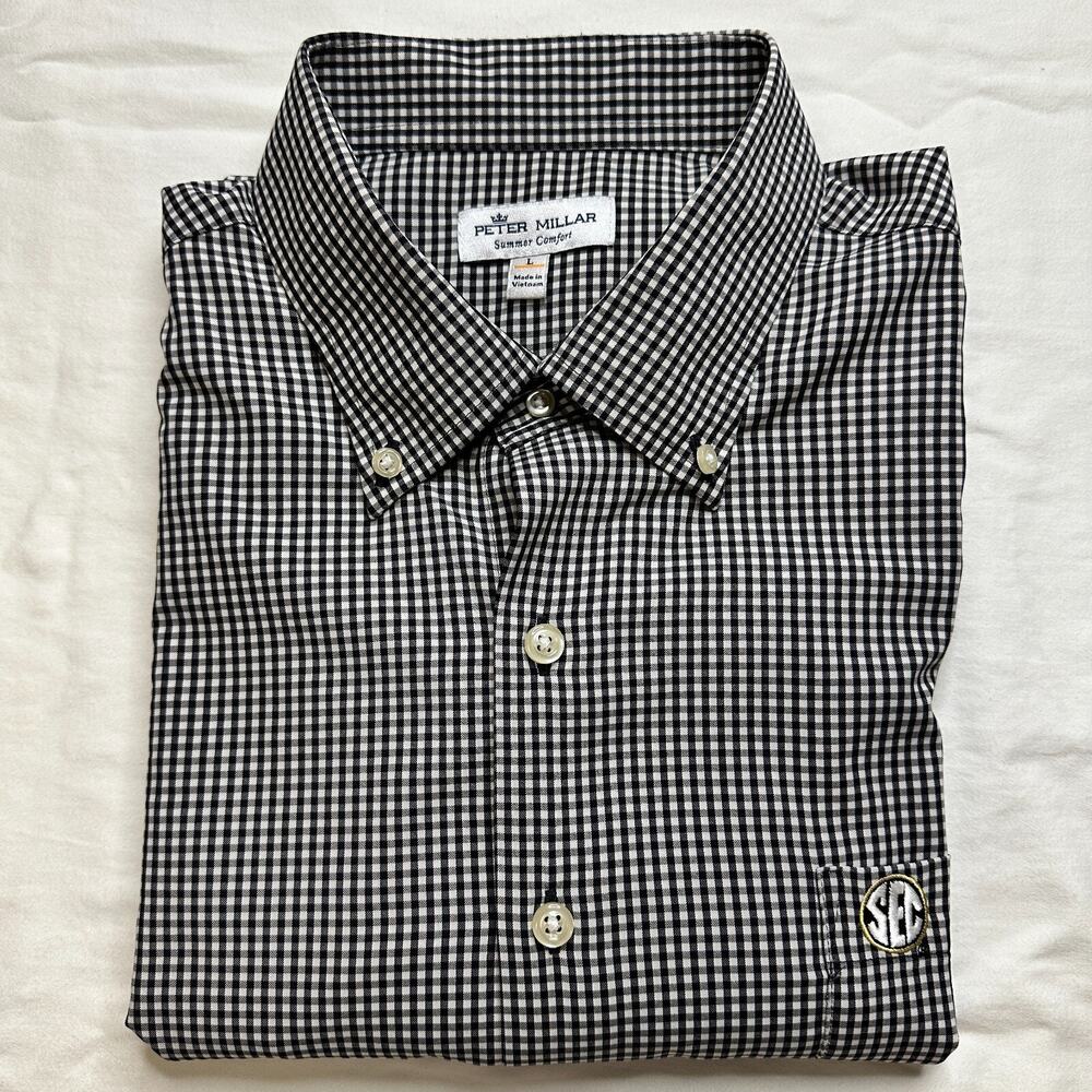 Peter Millar SEC Vanderbilt Commodores Logo Striped L/S Shirt Mens L Black Plaid